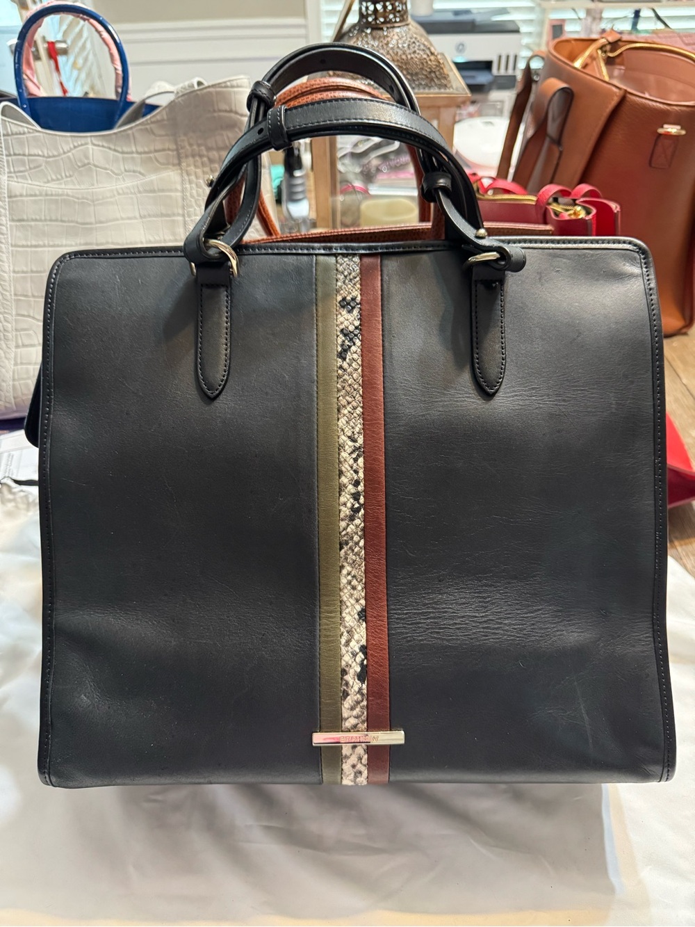 Brahmin Tia Tote in Black Meri Leather Satchel with Snake-Print Center Stripe